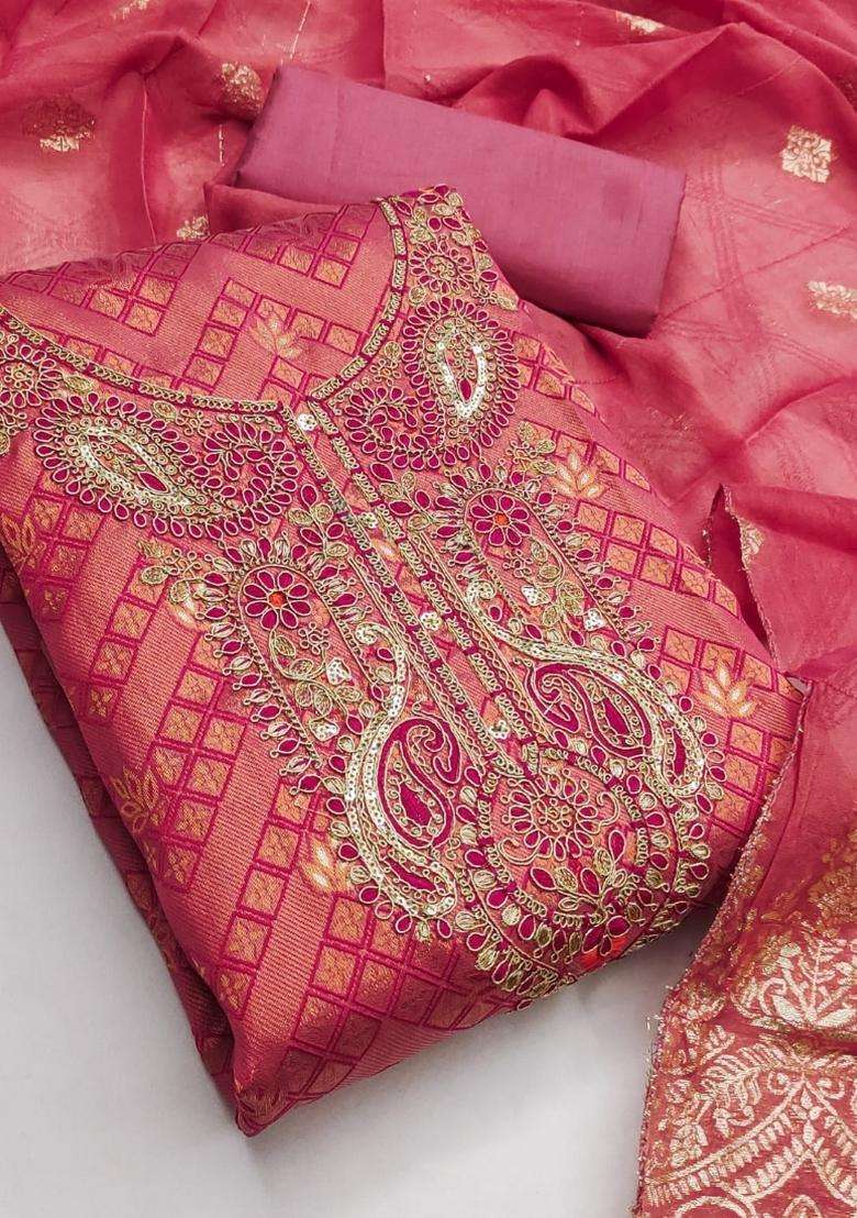 Pink Embroidery Silk Kurta Set - Indya