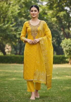 Mustard Embroidery Silk Kurta Set