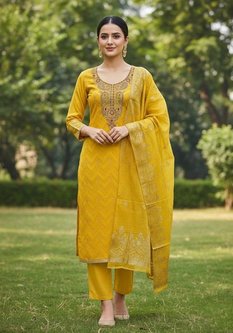 Mustard Embroidery Silk Kurta Set