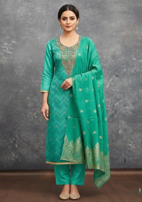 Teal Embroidery Silk Kurta Set