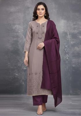Brown Embroidery Cotton Kurta Set