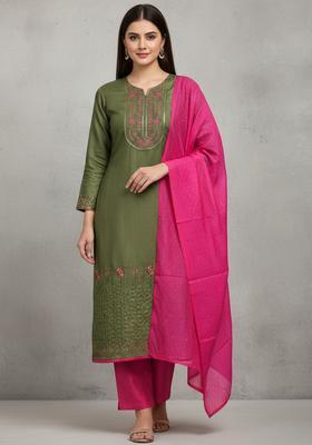 Green Embroidery Cotton Kurta Set