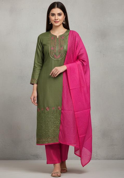 Green Embroidery Cotton Kurta Set