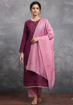 Purple Embroidery Cotton Kurta Set