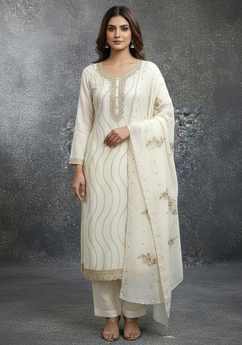 White Embroidery Silk Kurta Set