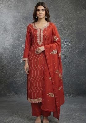 Rust Embroidery Silk Kurta Set