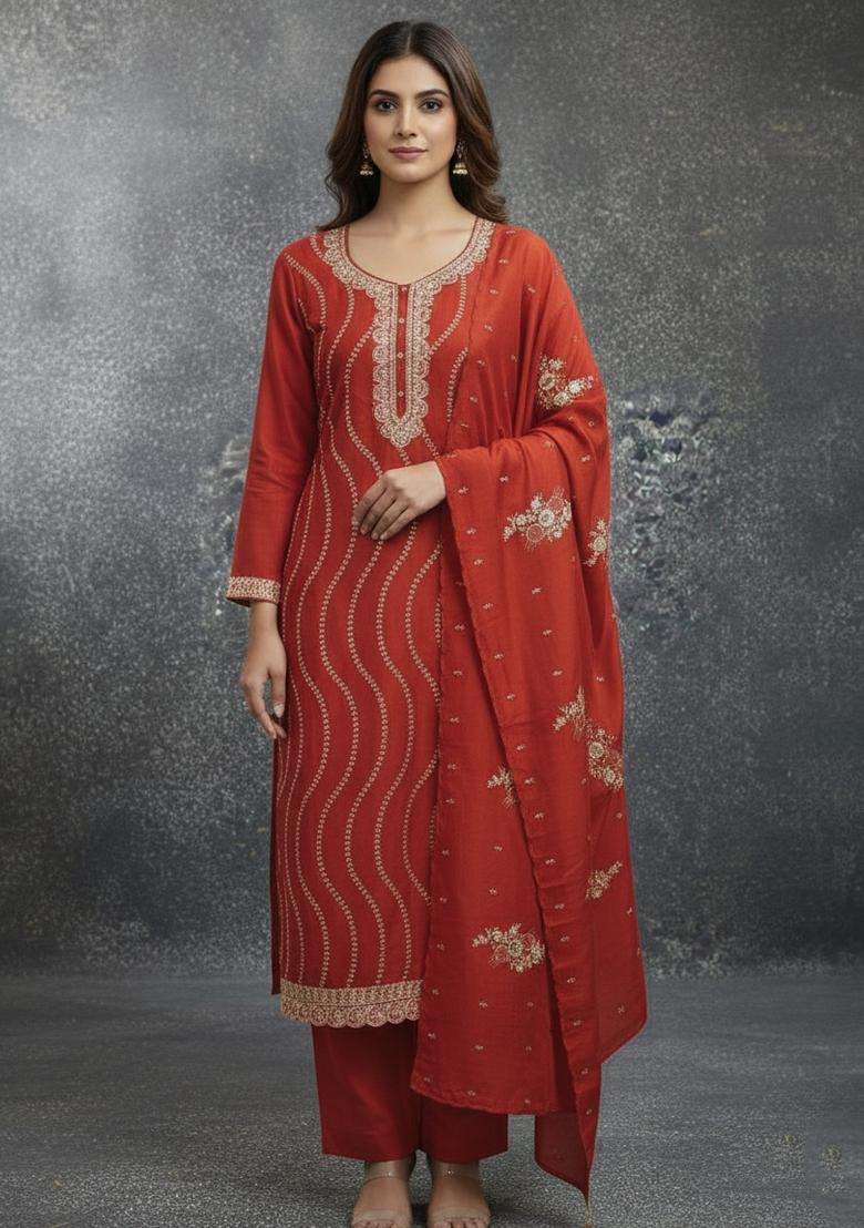 Rust Embroidery Silk Kurta Set - Indya