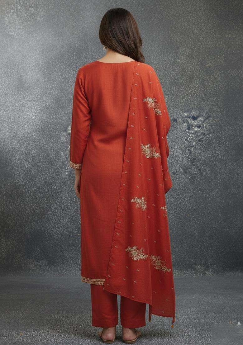Rust Embroidery Silk Kurta Set - Indya