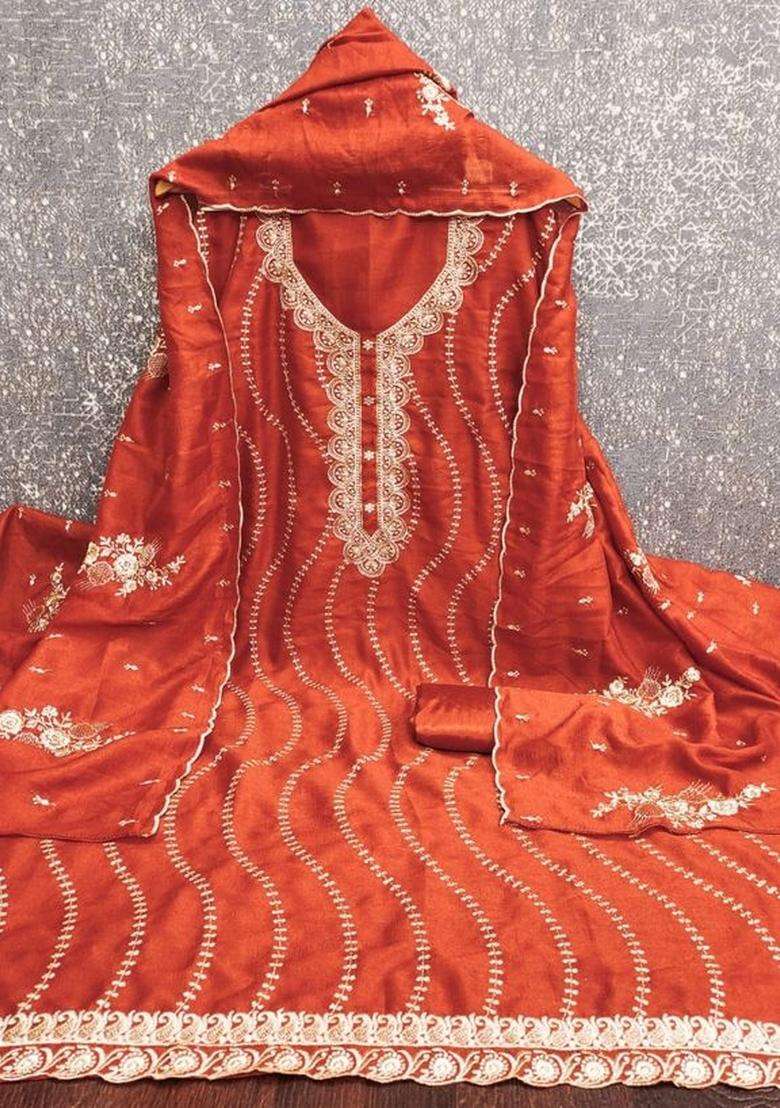 Rust Embroidery Silk Kurta Set - Indya