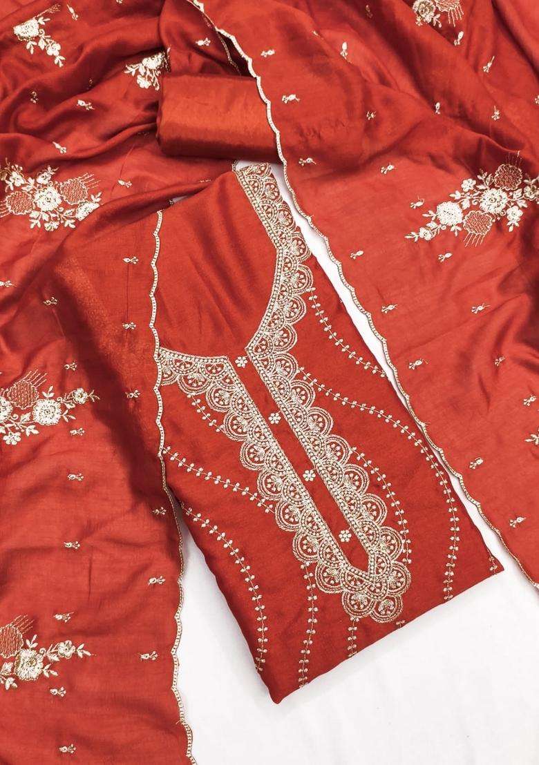 Rust Embroidery Silk Kurta Set - Indya