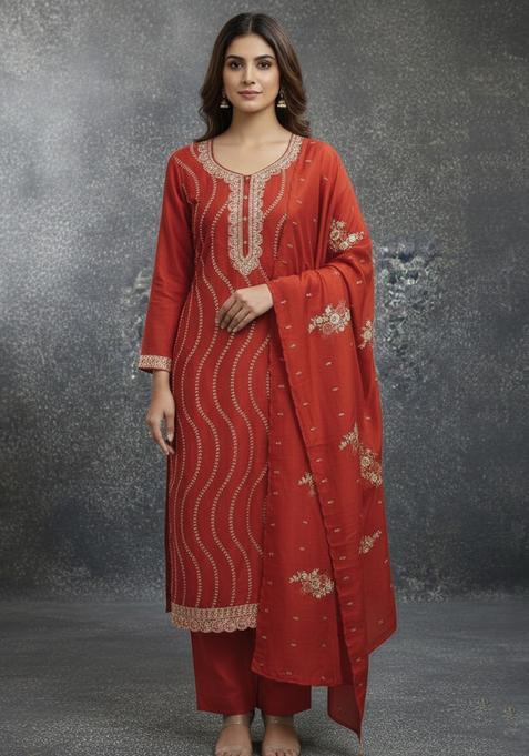 Rust Embroidery Silk Kurta Set