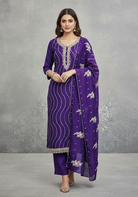 Purple Embroidery Silk Kurta Set