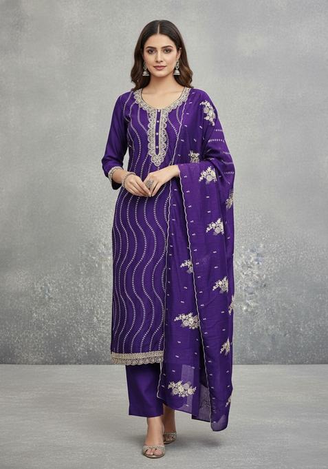 Purple Embroidery Silk Kurta Set