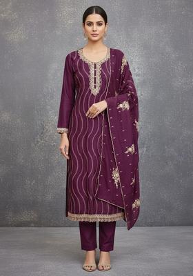 Wine Embroidery Silk Kurta Set