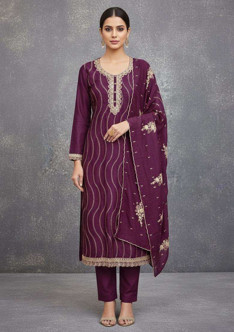 Wine Embroidery Silk Kurta Set - Indya