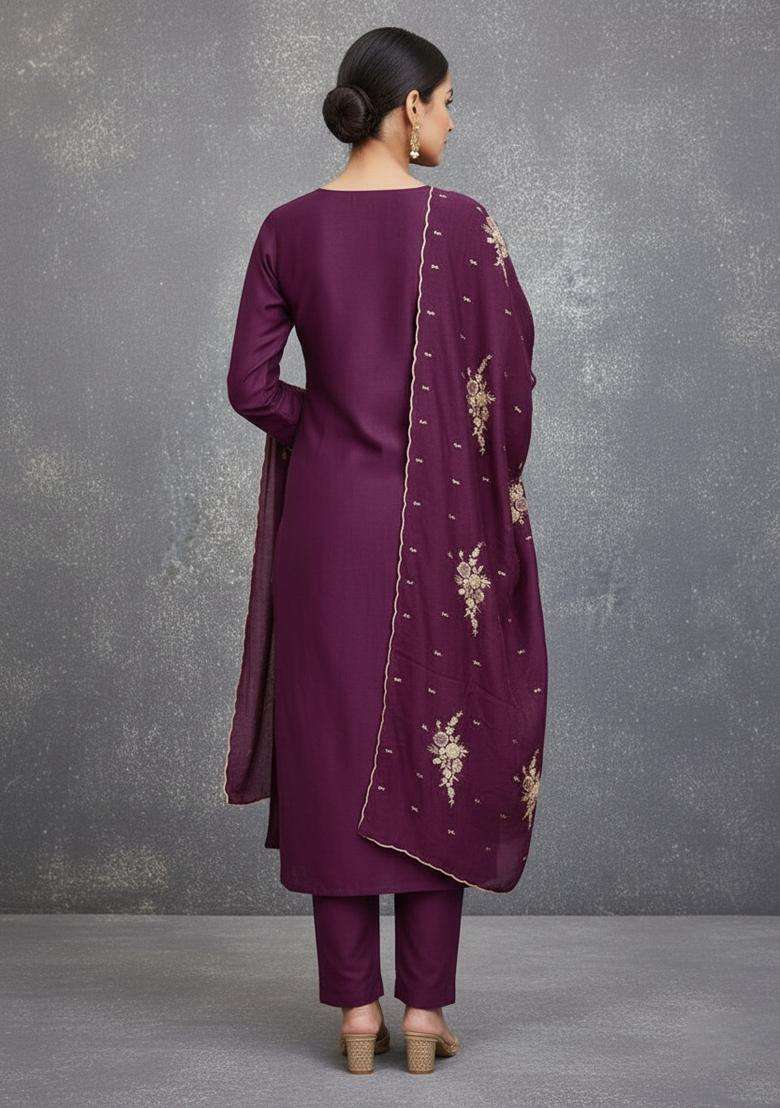 Wine Embroidery Silk Kurta Set - Indya