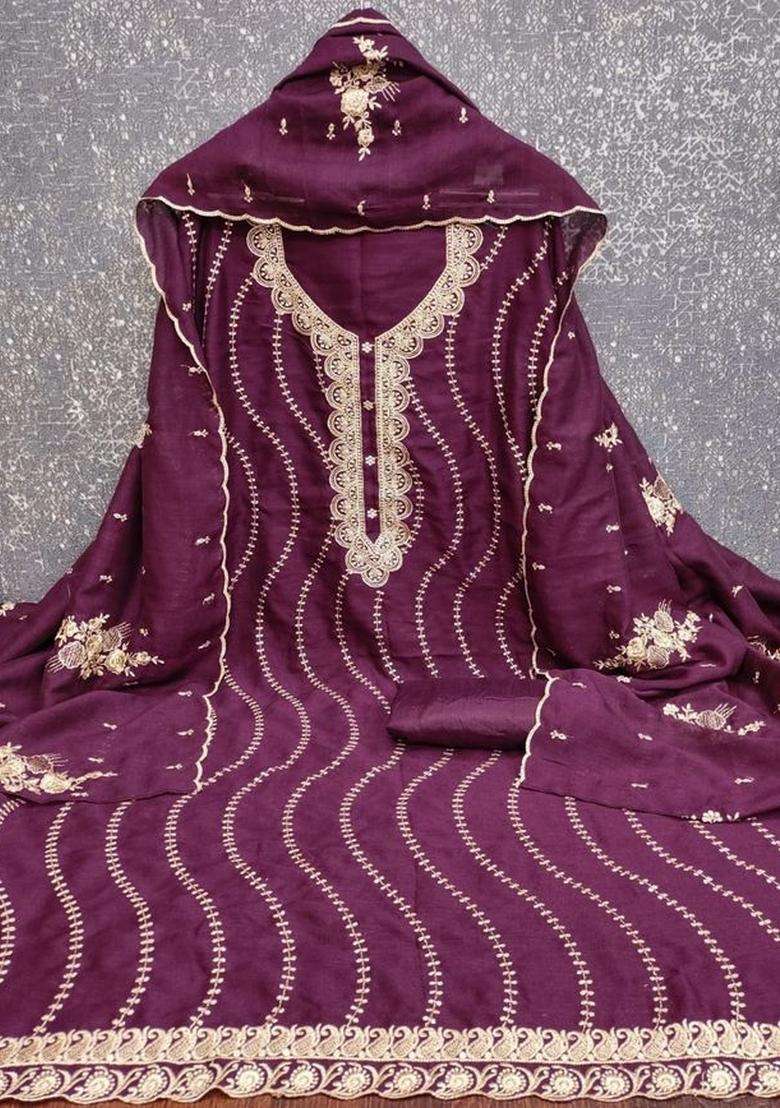 Wine Embroidery Silk Kurta Set - Indya