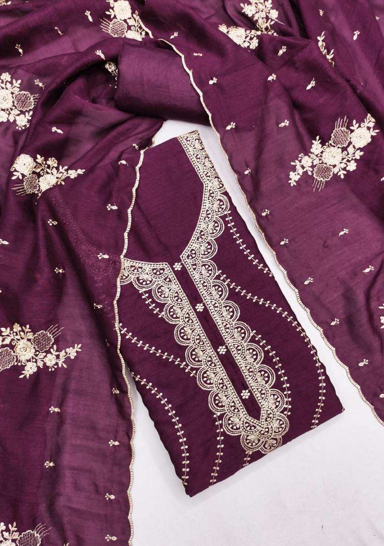 Wine Embroidery Silk Kurta Set - Indya