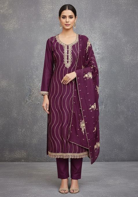 Wine Embroidery Silk Kurta Set