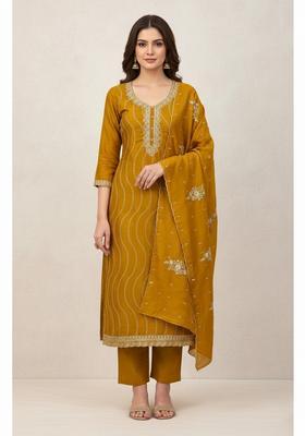 Mustard Embroidery Silk Kurta Set