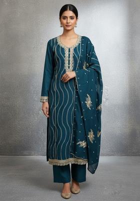 Teal Embroidery Silk Kurta Set