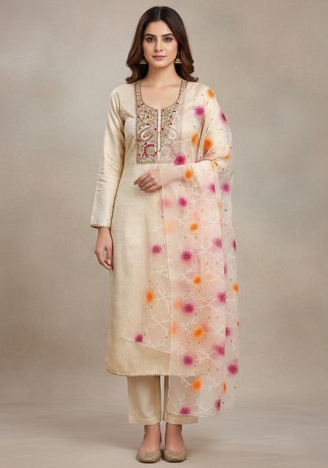 Off White Embroidery Silk Kurta Set