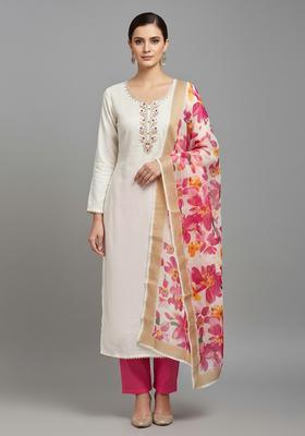 Off White Embroidery Silk Kurta Set