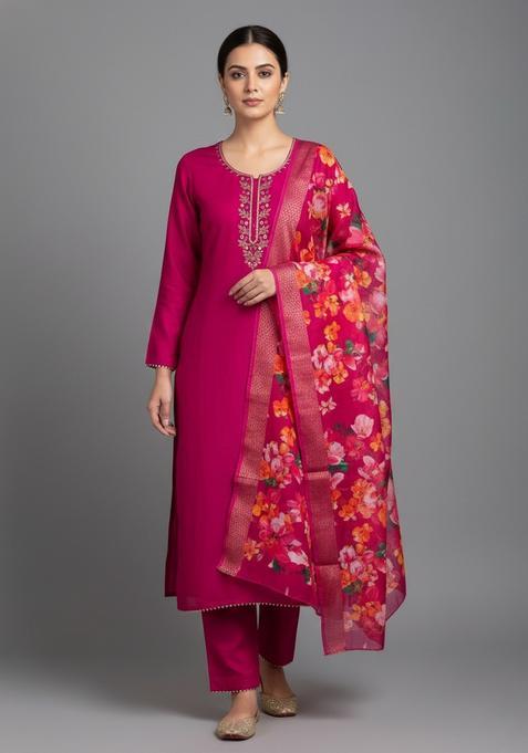 Pink Embroidery Silk Kurta Set
