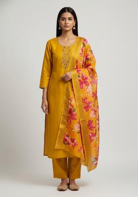 Mustard Embroidery Silk Kurta Set
