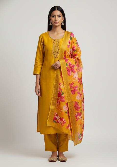 Mustard Embroidery Silk Kurta Set