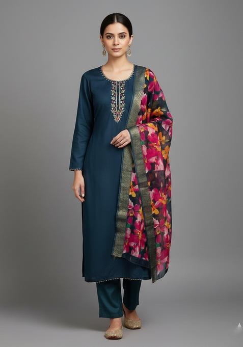 Blue Embroidery Silk Kurta Set