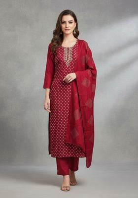 Maroon Embroidery Silk Kurta Set