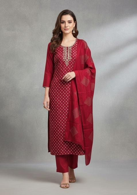 Maroon Embroidery Silk Kurta Set