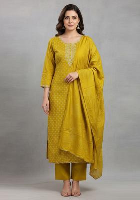 Mustard Embroidery Silk Kurta Set