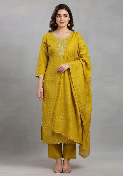 Mustard Embroidery Silk Kurta Set