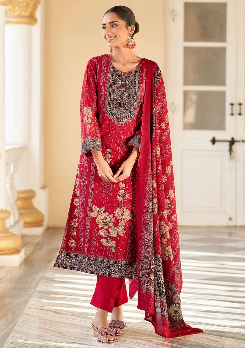 Red Printed Cotton Kurta Set - Indya