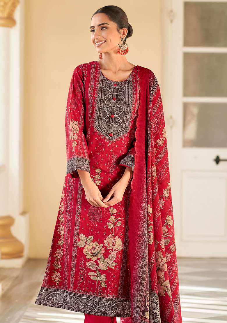 Red Printed Cotton Kurta Set - Indya