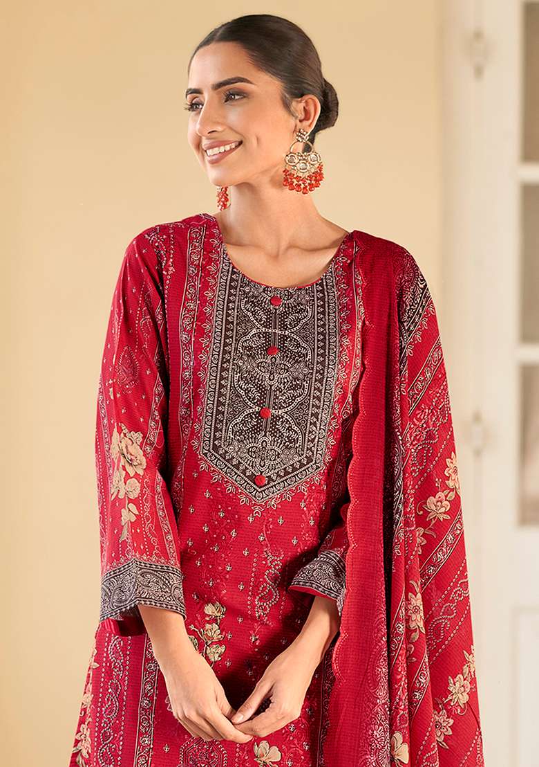 Red Printed Cotton Kurta Set - Indya