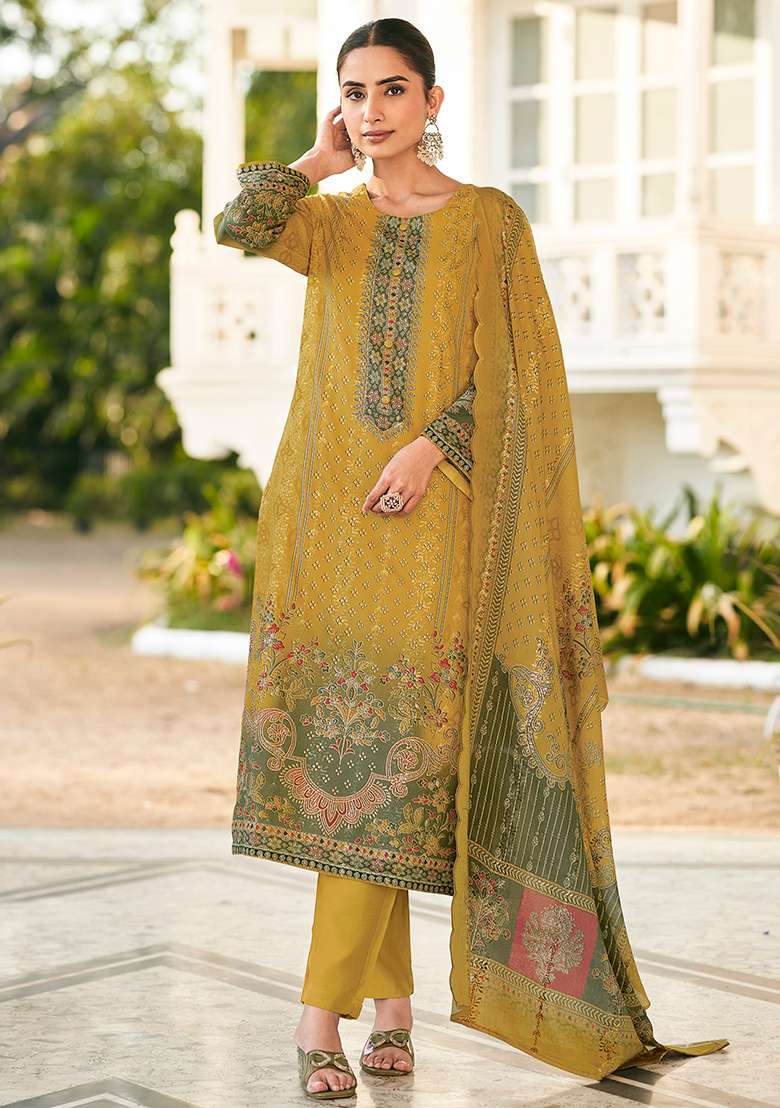 Yellow Printed Cotton Pakistani Suit Set - Indya
