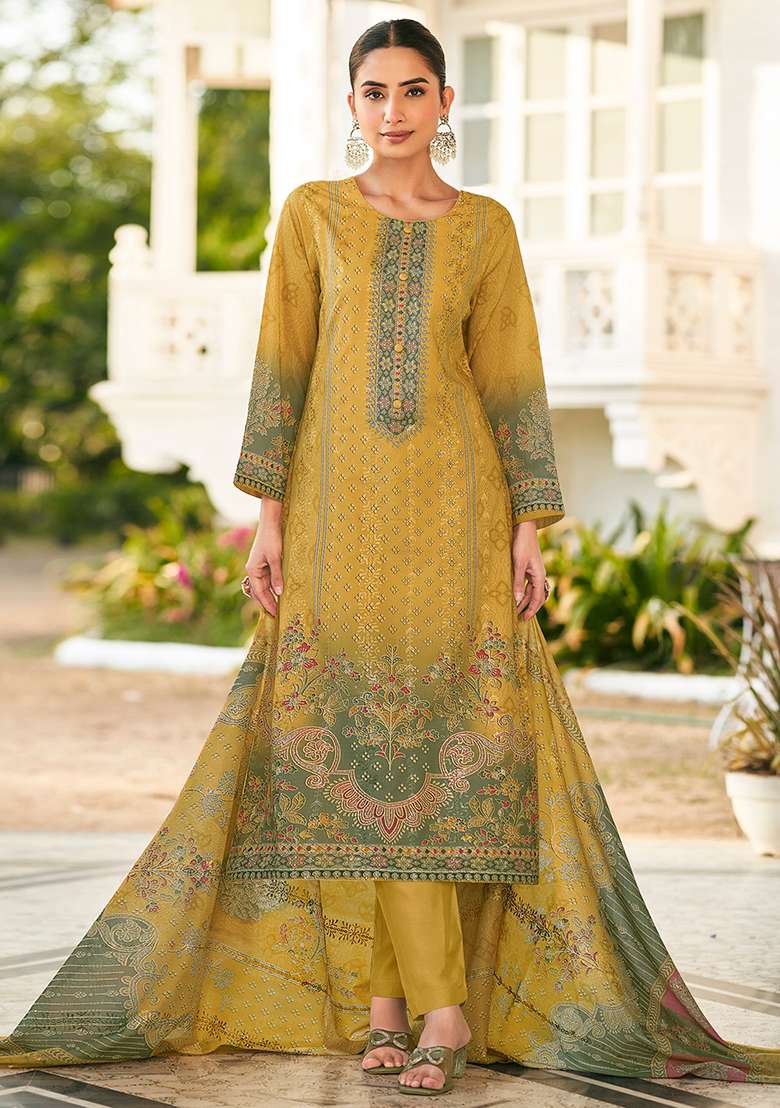 Yellow Printed Cotton Pakistani Suit Set - Indya