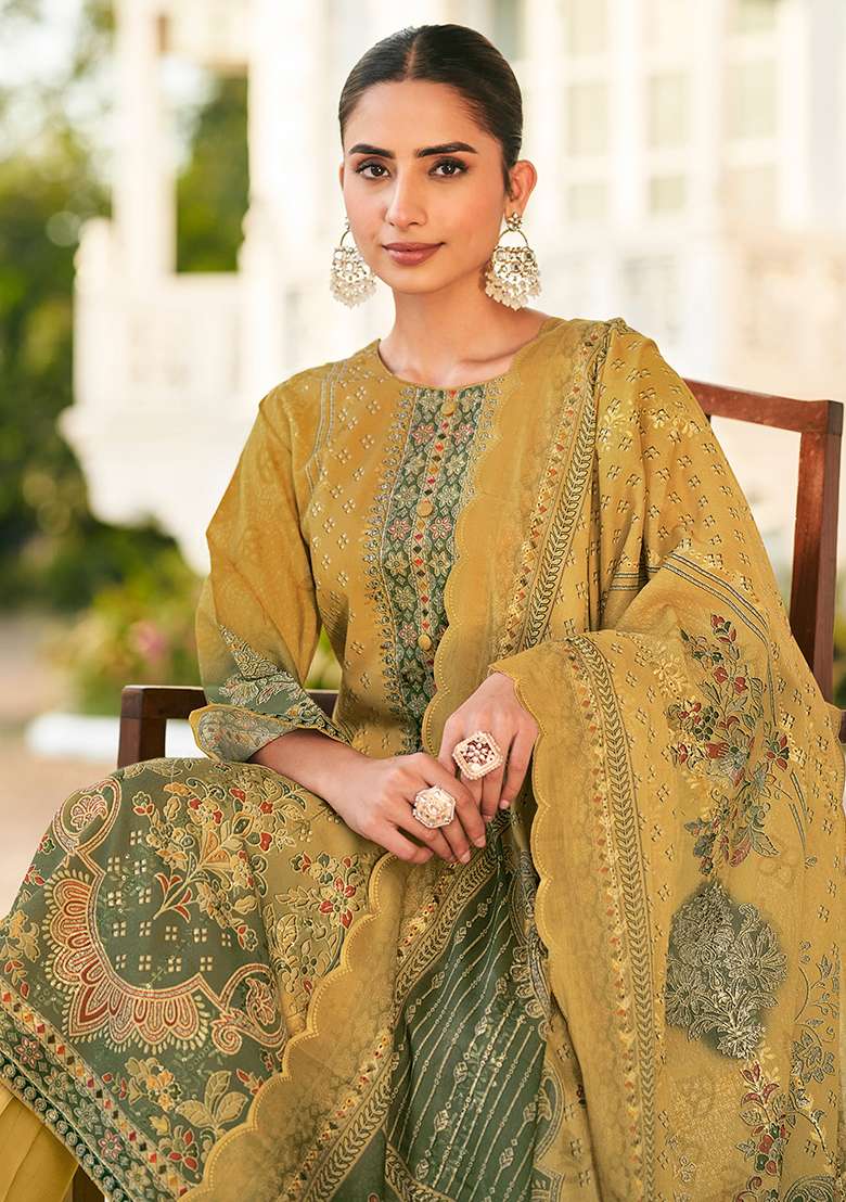 Yellow Printed Cotton Pakistani Suit Set - Indya