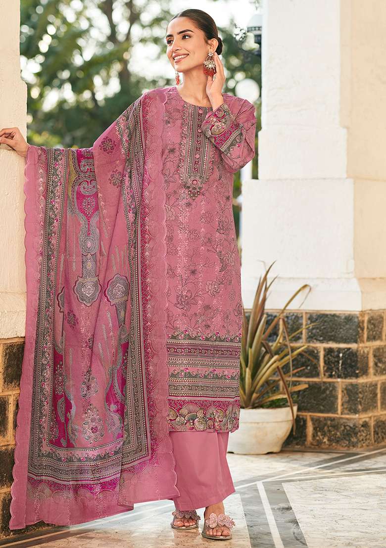 Pink Printed Cotton Pakistani Suit Set - Indya