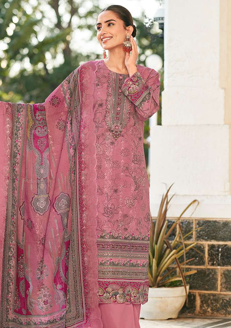 Pink Printed Cotton Pakistani Suit Set - Indya