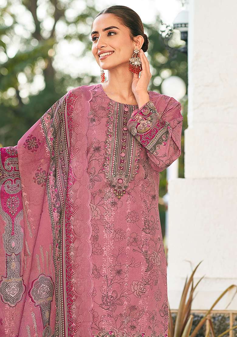 Pink Printed Cotton Pakistani Suit Set - Indya