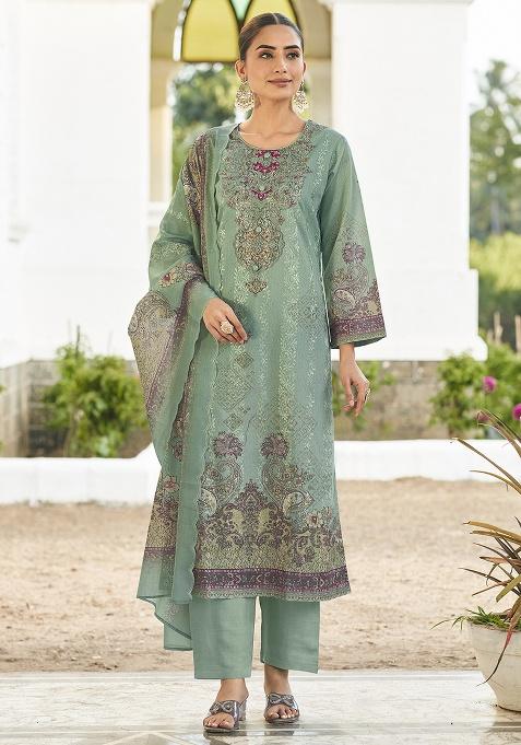 Teal Printed Cotton Kurta Set