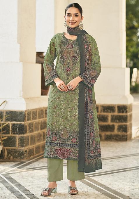 Green Printed Cotton Kurta Set
