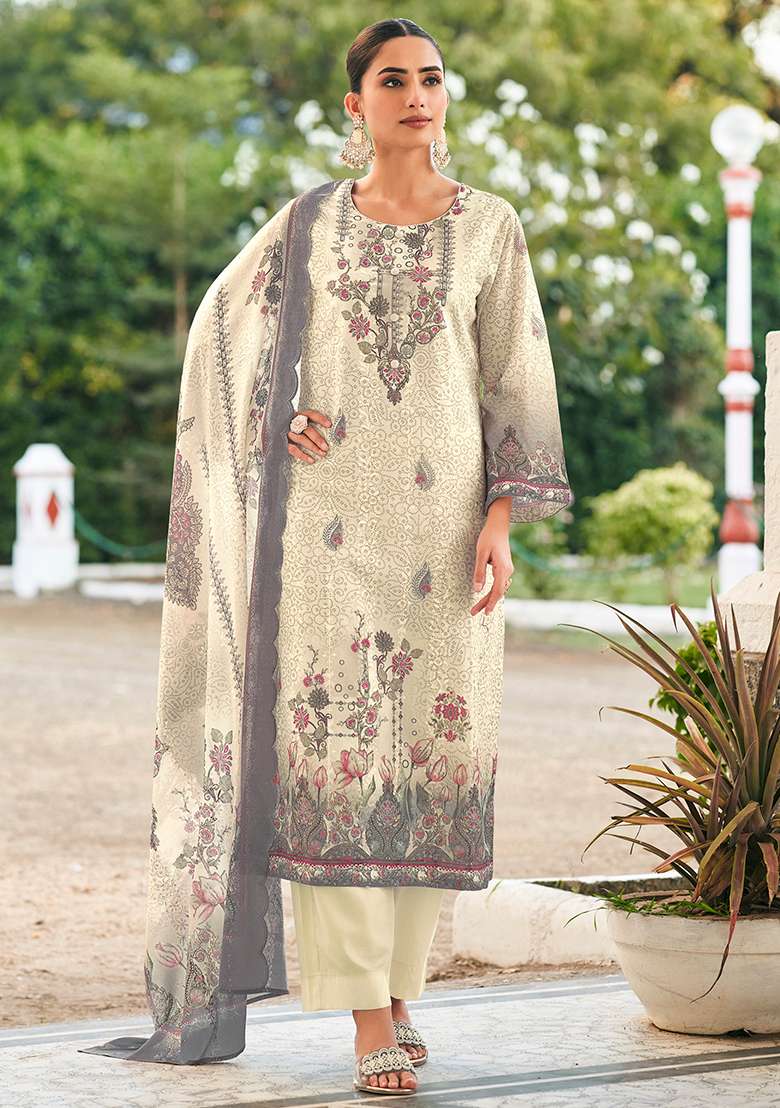 Cream Printed Cotton Pakistani Suit Set - Indya
