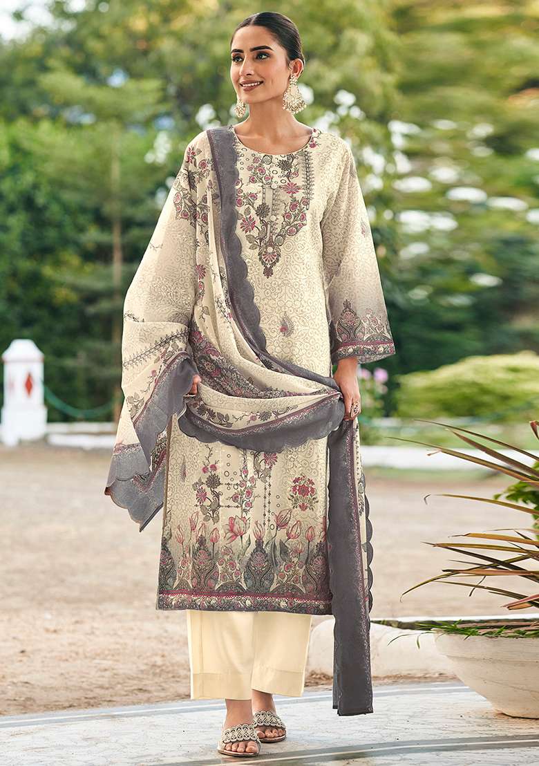 Cream Printed Cotton Pakistani Suit Set - Indya
