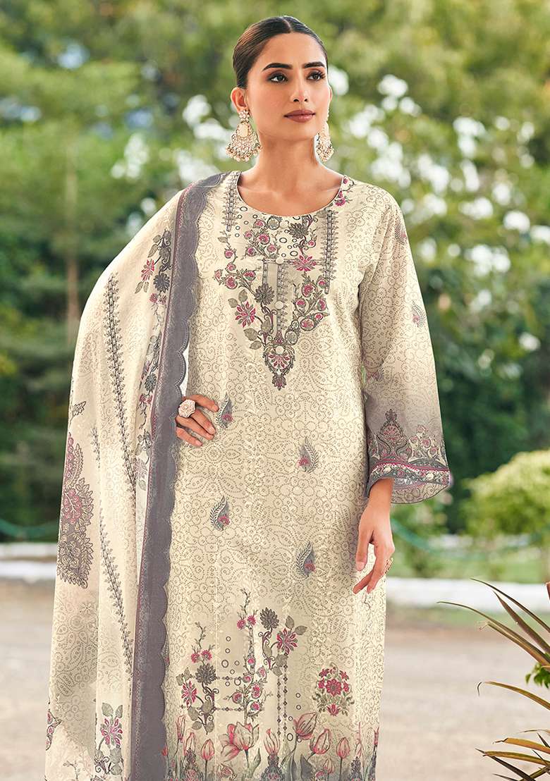 Cream Printed Cotton Pakistani Suit Set - Indya