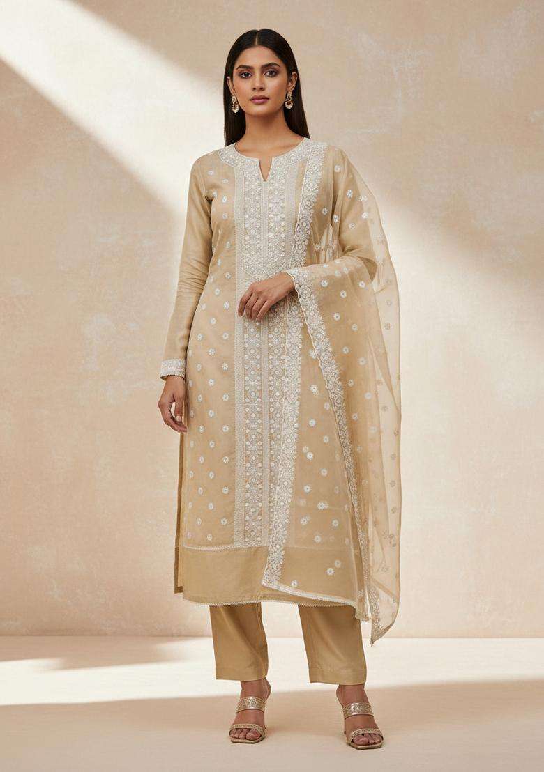Beige Embroidery Chanderi Kurta Set - Indya